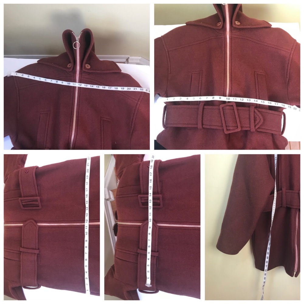 CARVEN France Oversized Wool Coat Jacket Belt Zip Front Hood Collar Pockets Rare - Picture 16 of 16